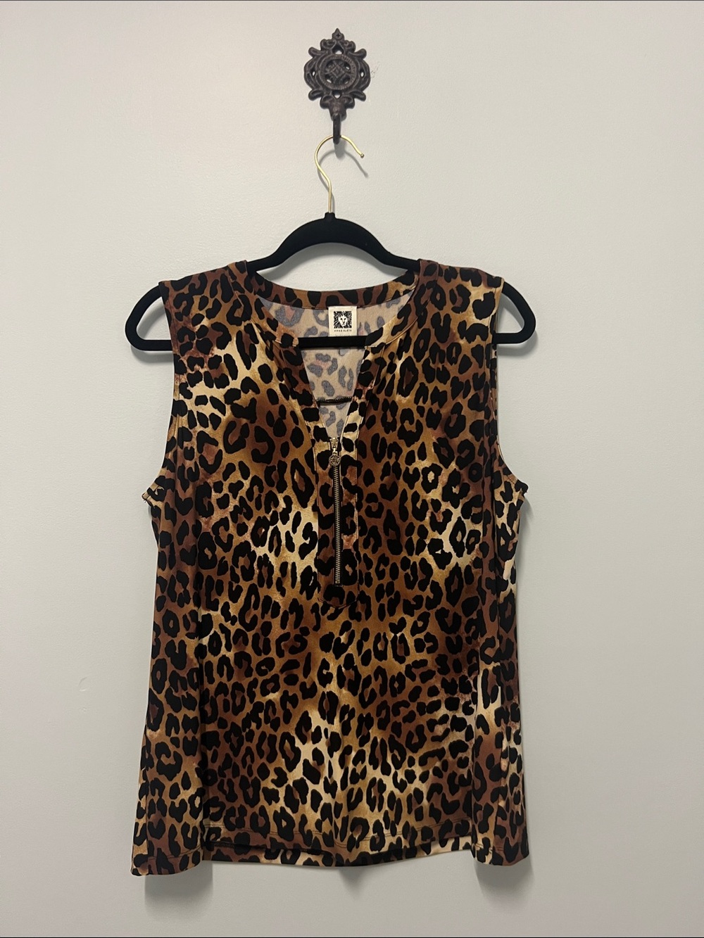 Anne Klein Leopard Print Sleeveless V-Neck Tank Top - Brown/Black